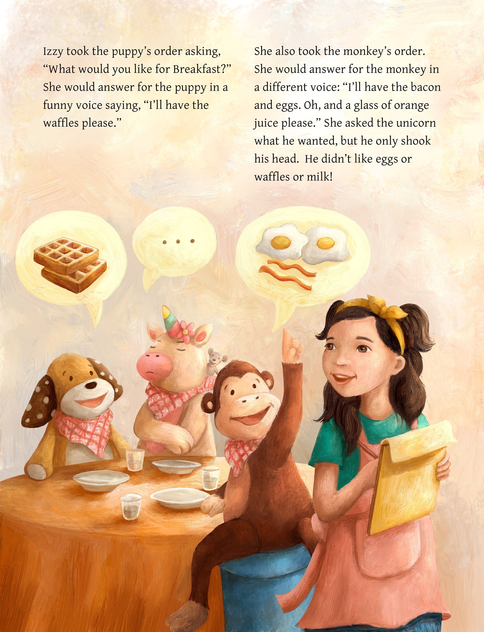 Finished full color artwork of Izzy taking her stuffed animals' breakfast order, from 'Playtime with Izzy'.